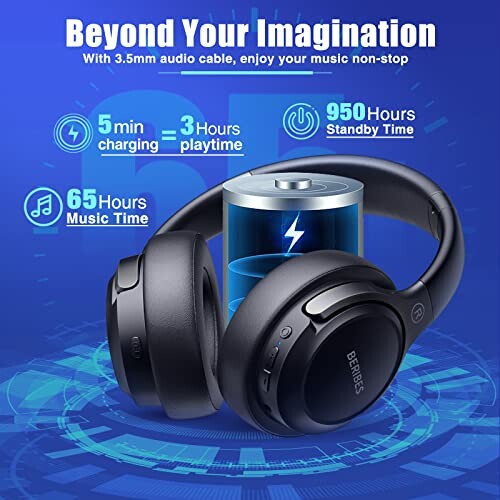 Wireless headphones with battery life features and fast charging.