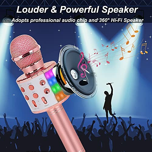 Wireless karaoke microphone with built-in colorful speaker on stage.