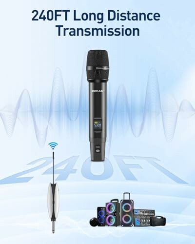 Wireless microphone with long distance transmission capability, featuring audio equipment.