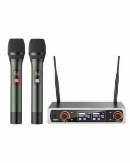 Wireless microphone system with two handheld mics and a receiver.