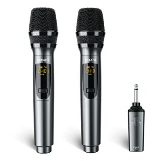 Two wireless microphones with a receiver.