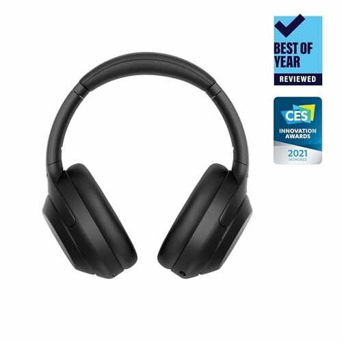 Black wireless noise-cancelling headphones with awards badges