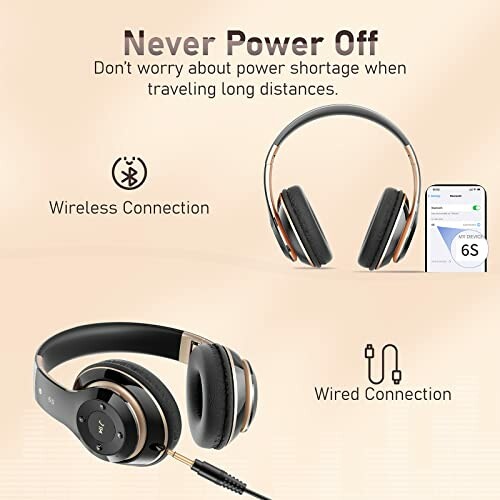 Headphones with wireless and wired connection options, featuring Bluetooth and a phone screen.