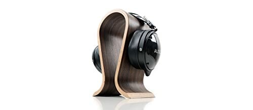 Wooden headphone stand with black headphones